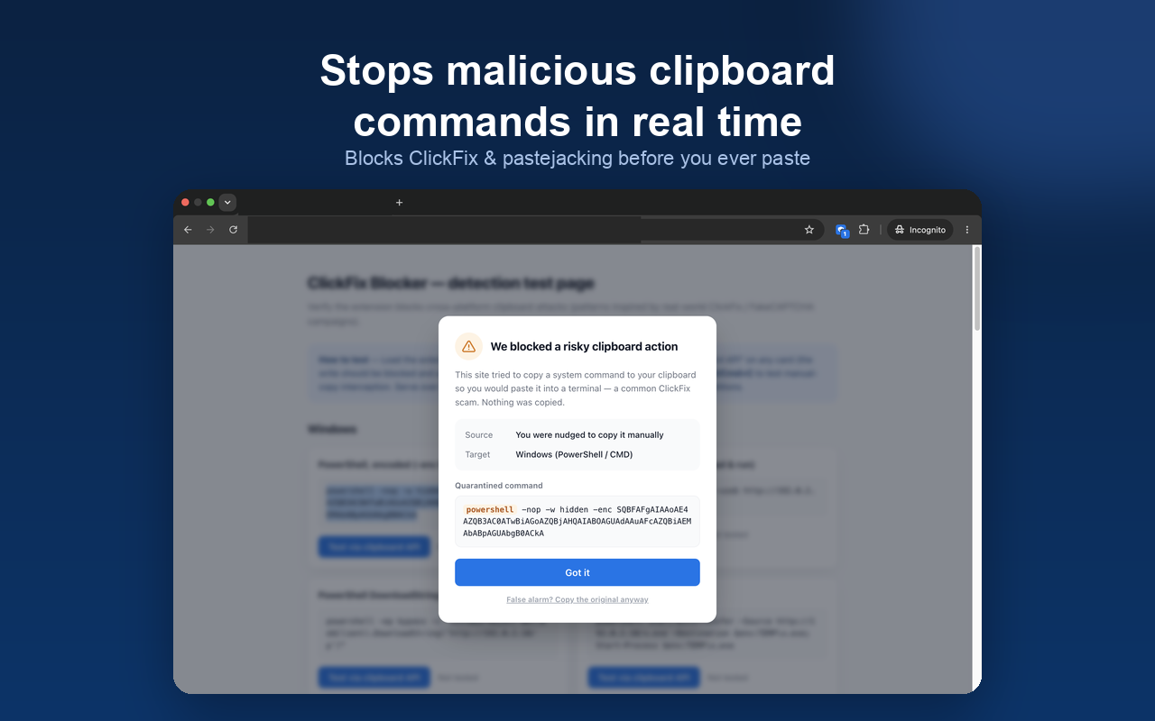 ClickFix Blocker blocking a malicious clipboard command